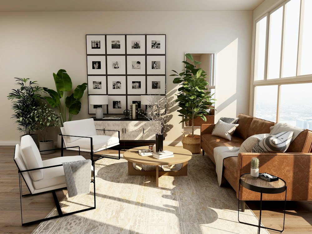 Bright living room with neutral furnishings and a large rug